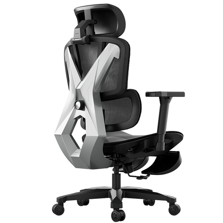 AutoFull G5 Standard gaming chair in black with silver frame and footstool