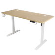 iCraft Peak electric standing desk in Wooden finish with white frame, isolated on a transparent background.