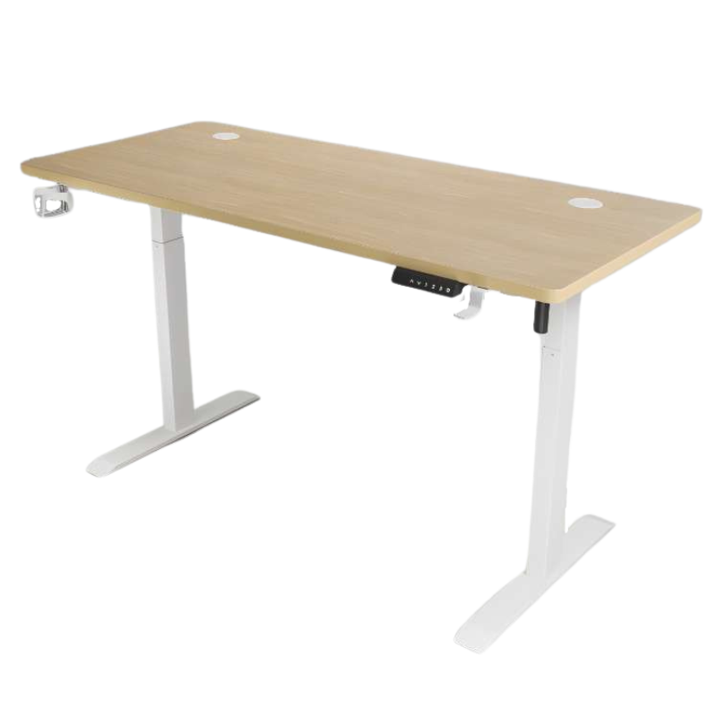 iCraft Peak electric standing desk in Wooden finish with white frame, isolated on a transparent background.