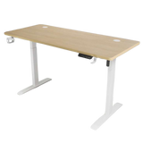iCraft Peak electric standing desk in Wooden finish with white frame, isolated on a transparent background.